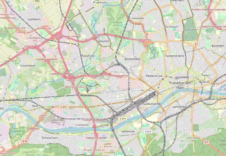 Lagekarte von Frankfurt am Main mit Straßen, Stadtteilen und Infrastruktur, einschließlich des Gebiets um Am Mainplacken 2