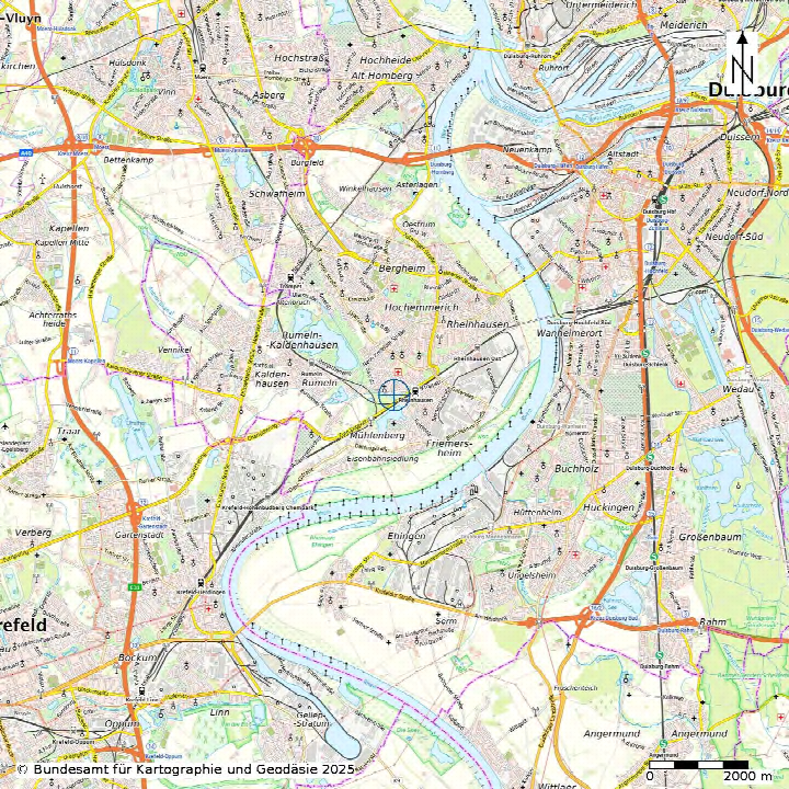Lagekarte der Umgebung von Duisburg mit Straßen, Gewässern und Stadtteilen, einschließlich Rheinhausen und Mülheim, mit Maßstab und Nordpfeil