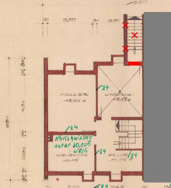 Grundriss des Kellers mit Beschriftungen wie Keller, Waschk., Heizung und Flur sowie Maßangaben und Raumflächen